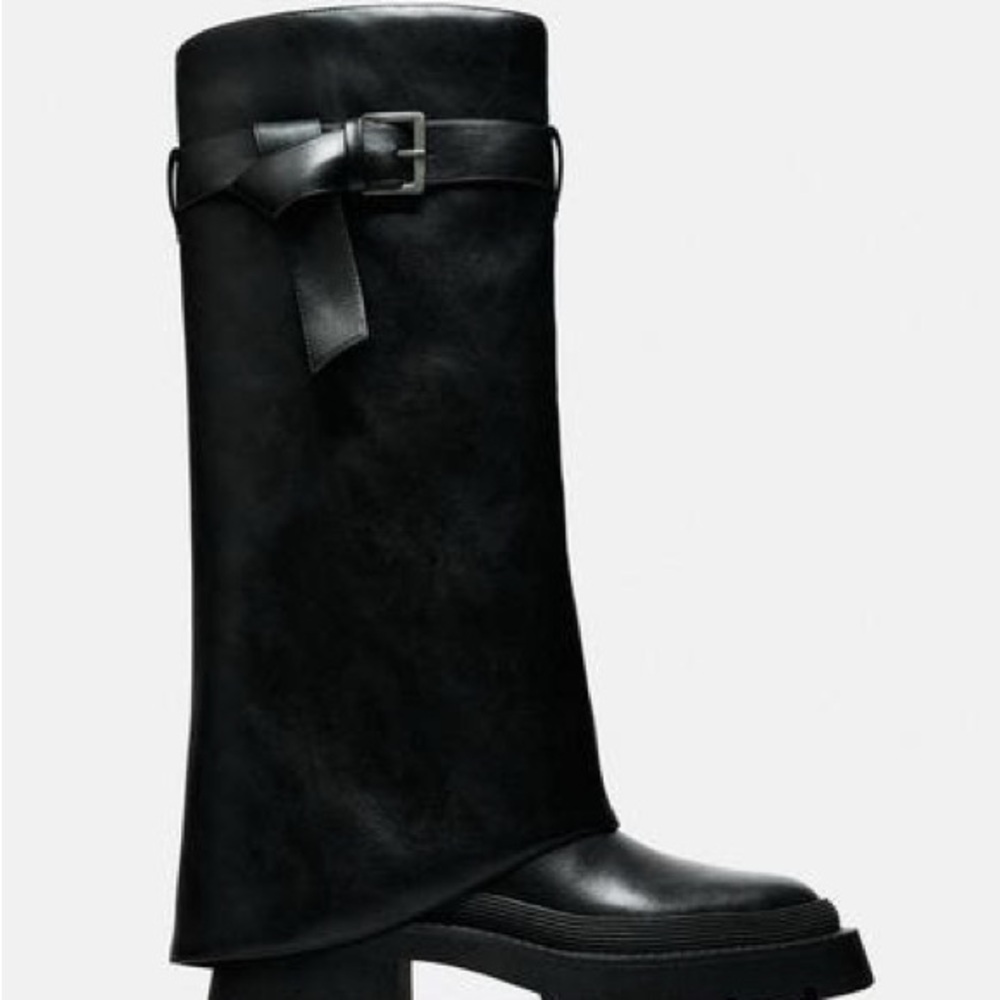 ZARA BUCKLED KNEE HIGH GAITER BOOTS BLACK 1/3830/210/800/39